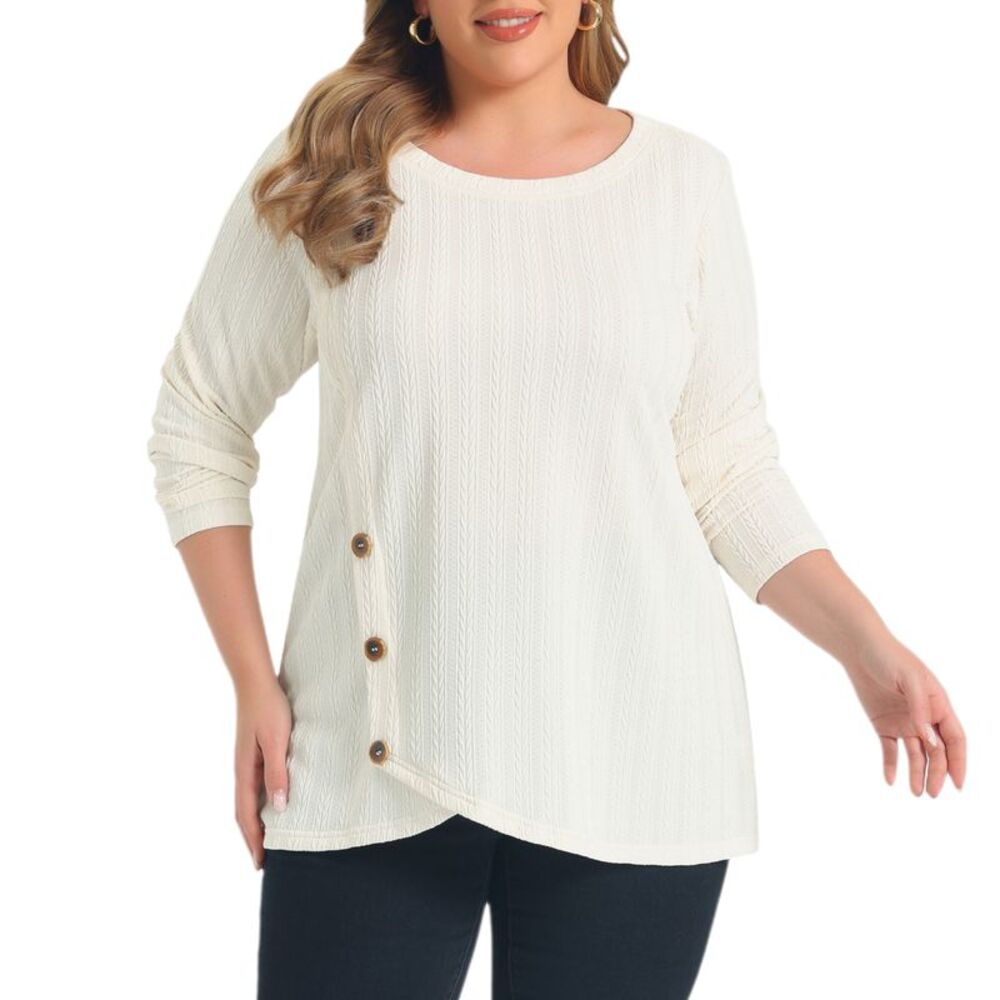 Women Plus Size Knit Crew Neck Crossover Hem Tunic Blouses Beige